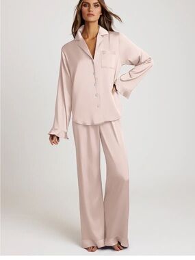 Azazie Satin Long-Sleeve Button-Down Pajama Set in Blush